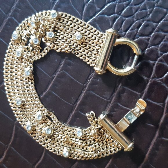 1990s NOLAN MILLER Bracelet Gold Tone 6 Strand,14 Bezel Set Rhinestones, Vintage - Picture 4 of 16
